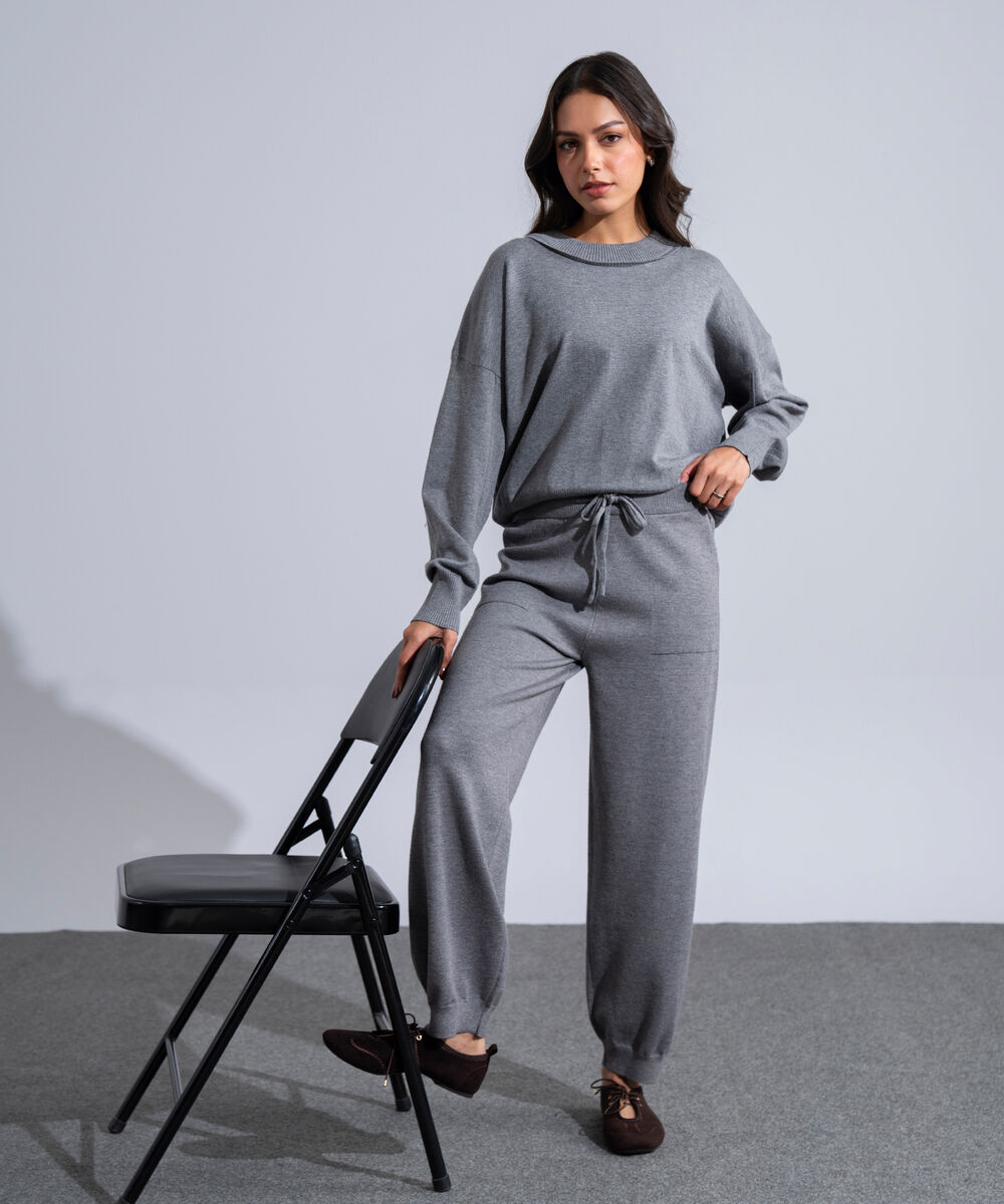 Women's Western Wear Grey Melange Knit Jogger Trousers