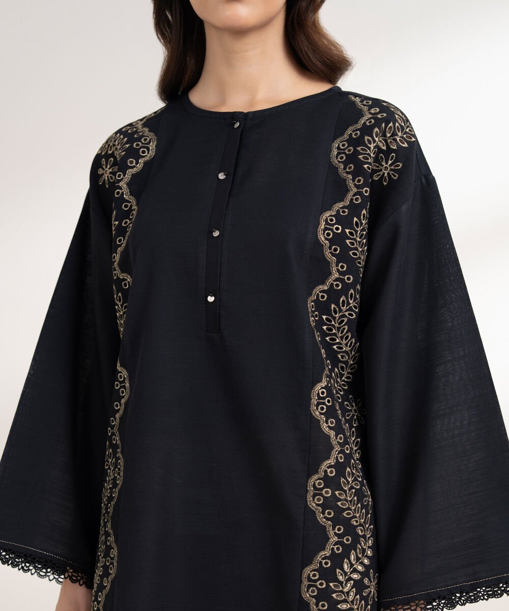 Women's RTW Cotton Embroidered Straight Black Shirt