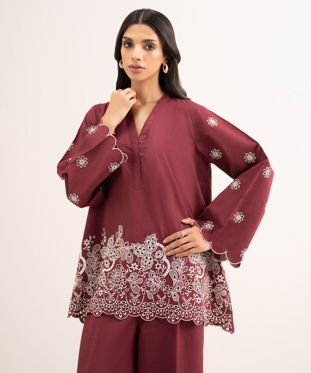 Women's RTW Dobby Embroidered Red Straight Shirt