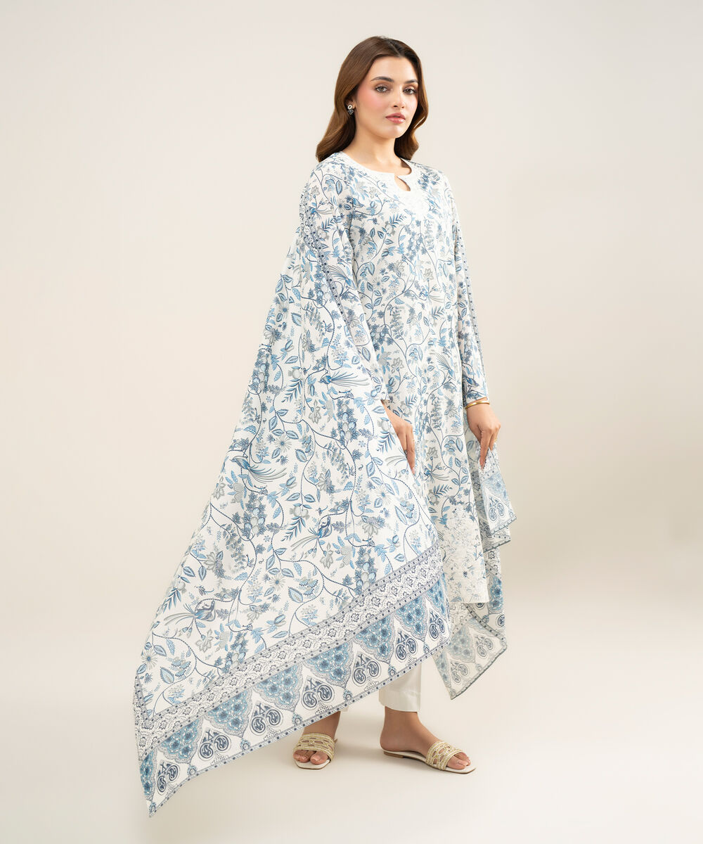 Women's Unstitched Lawn Embroidered Teal Blue and Off white 2 Piece Suit