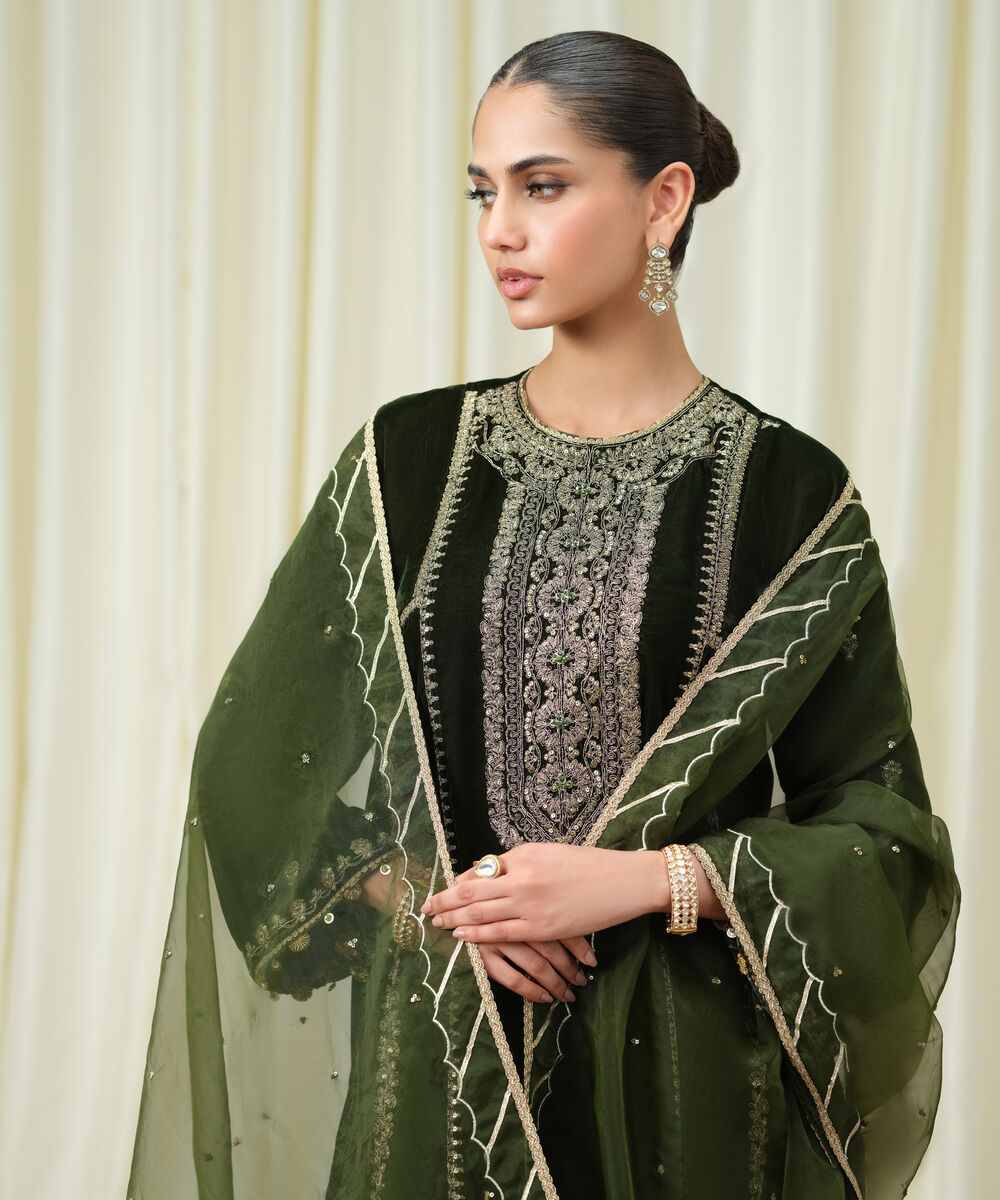 Women's Unstitched Velvet Embroidered Green 3 Piece Suit