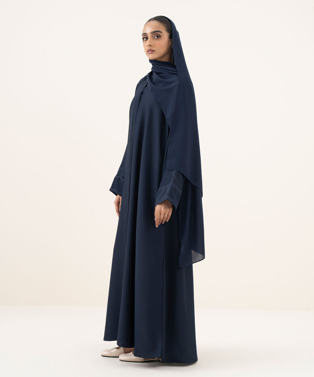 Women's navy blue button through Abaya with embroidery