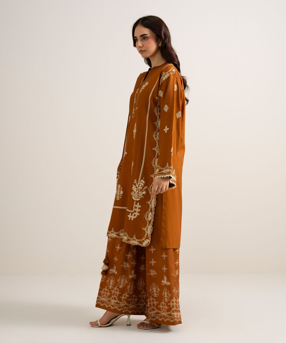 Women's Unstitched Embroidered Linen Mustard 3 Piece Suit
