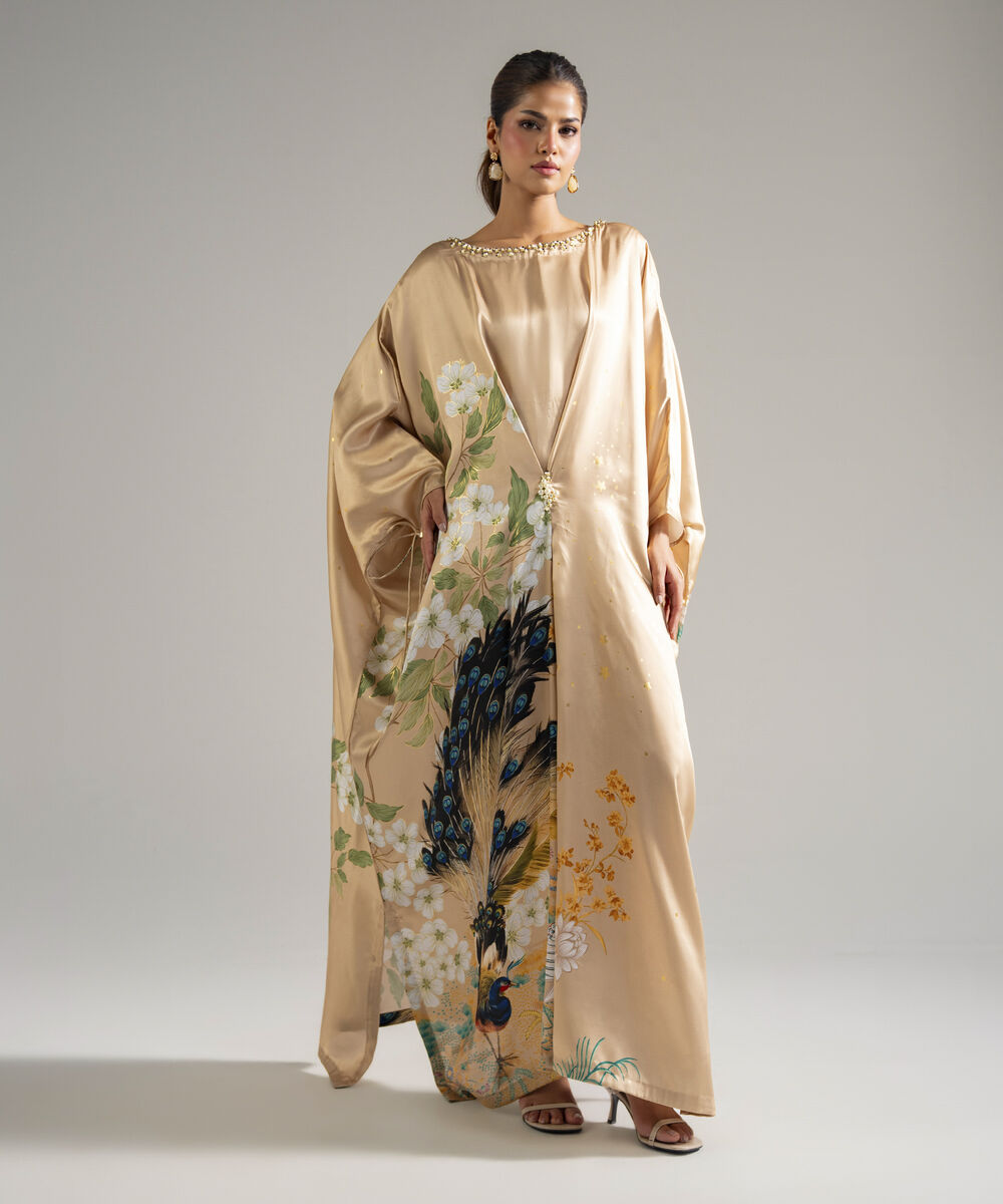 Women's RTW Blended Satin Printed Beige Kaftan