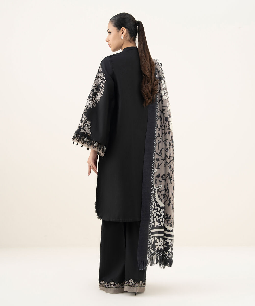 Women's Unstitched Embroidered Fine Cotton Satin Black 3 Piece Suit