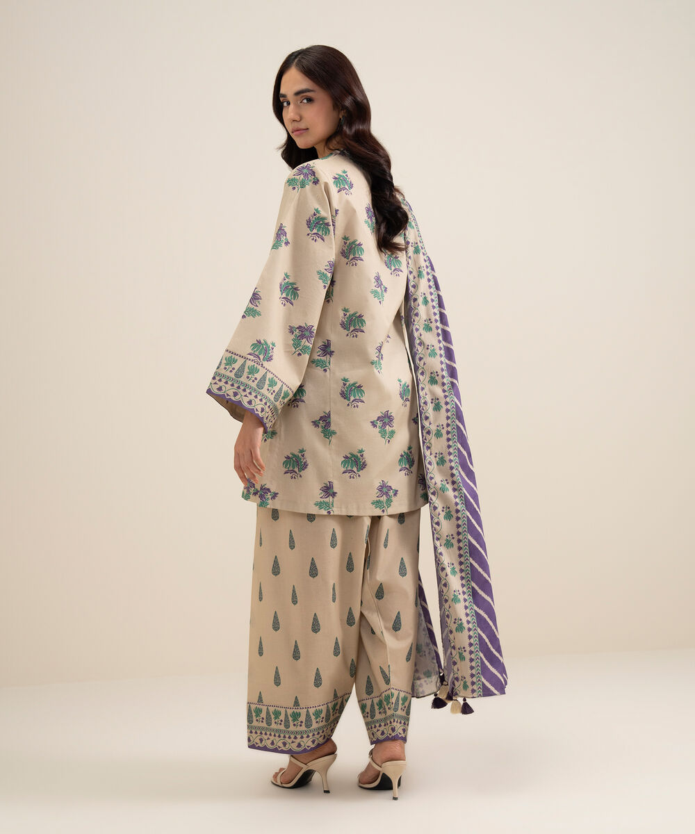 Women's Unstitched Lawn Printed Beige 3 Piece Suit