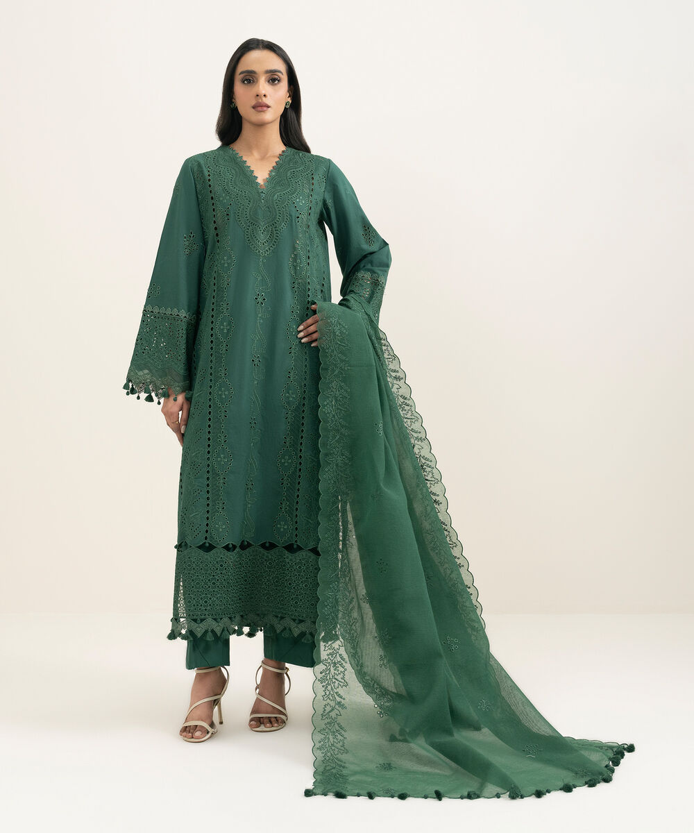 Women's Unstitched Lawn Embroidered Green 3 Piece Suit