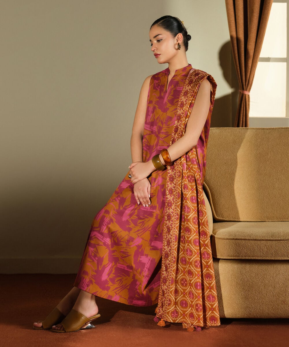 Women's Unstitched Lawn Printed Orange 3 Piece Suit