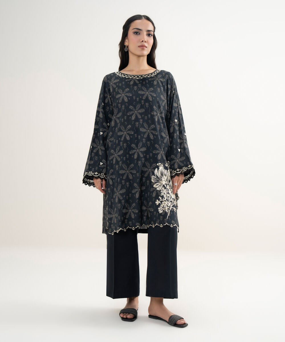 Women's RTW Viscose Raw Silk Embroidered Black Straight Shirt