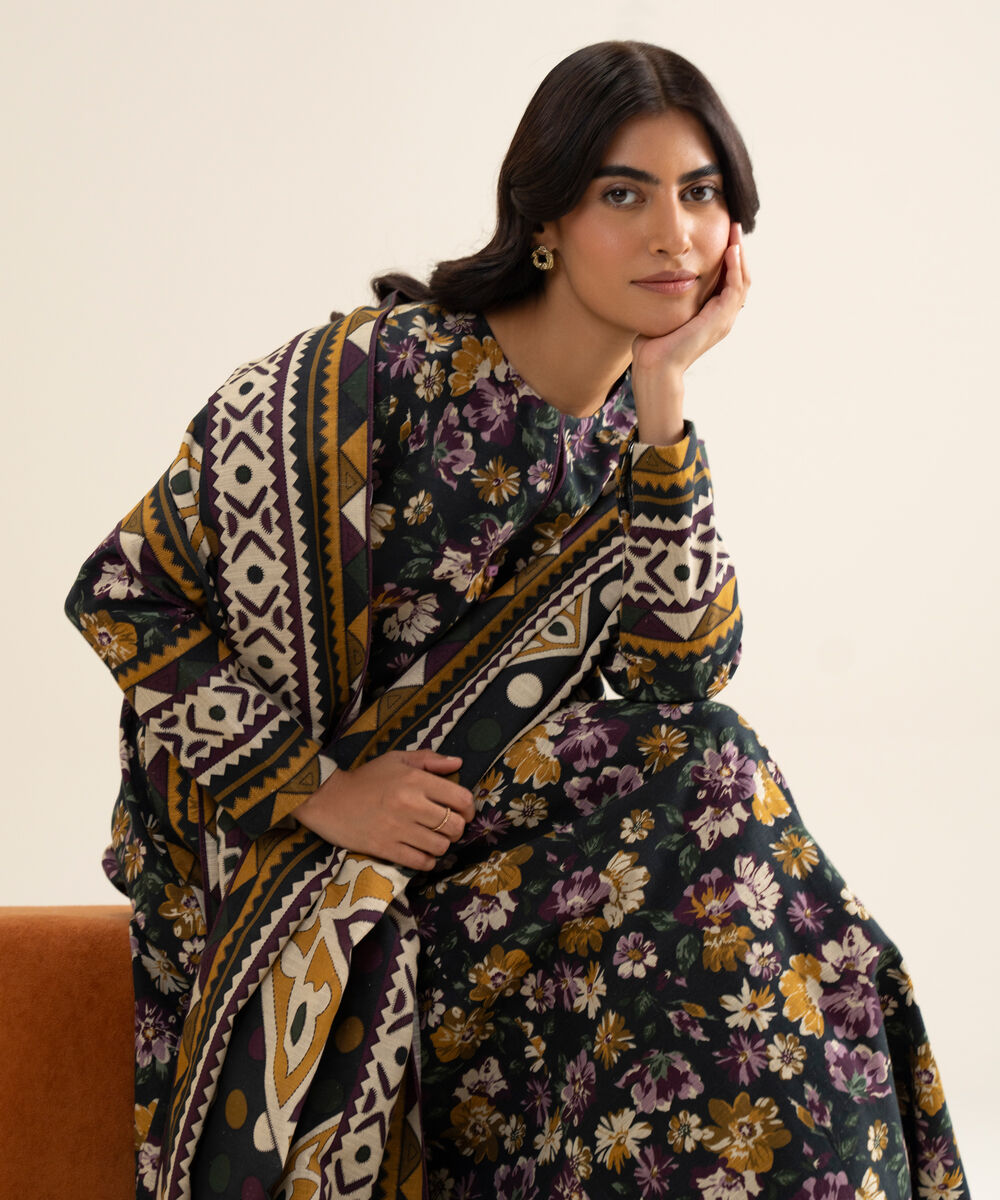 Women's Unstitched Premium Khaddar Printed Black 3 Piece Suit