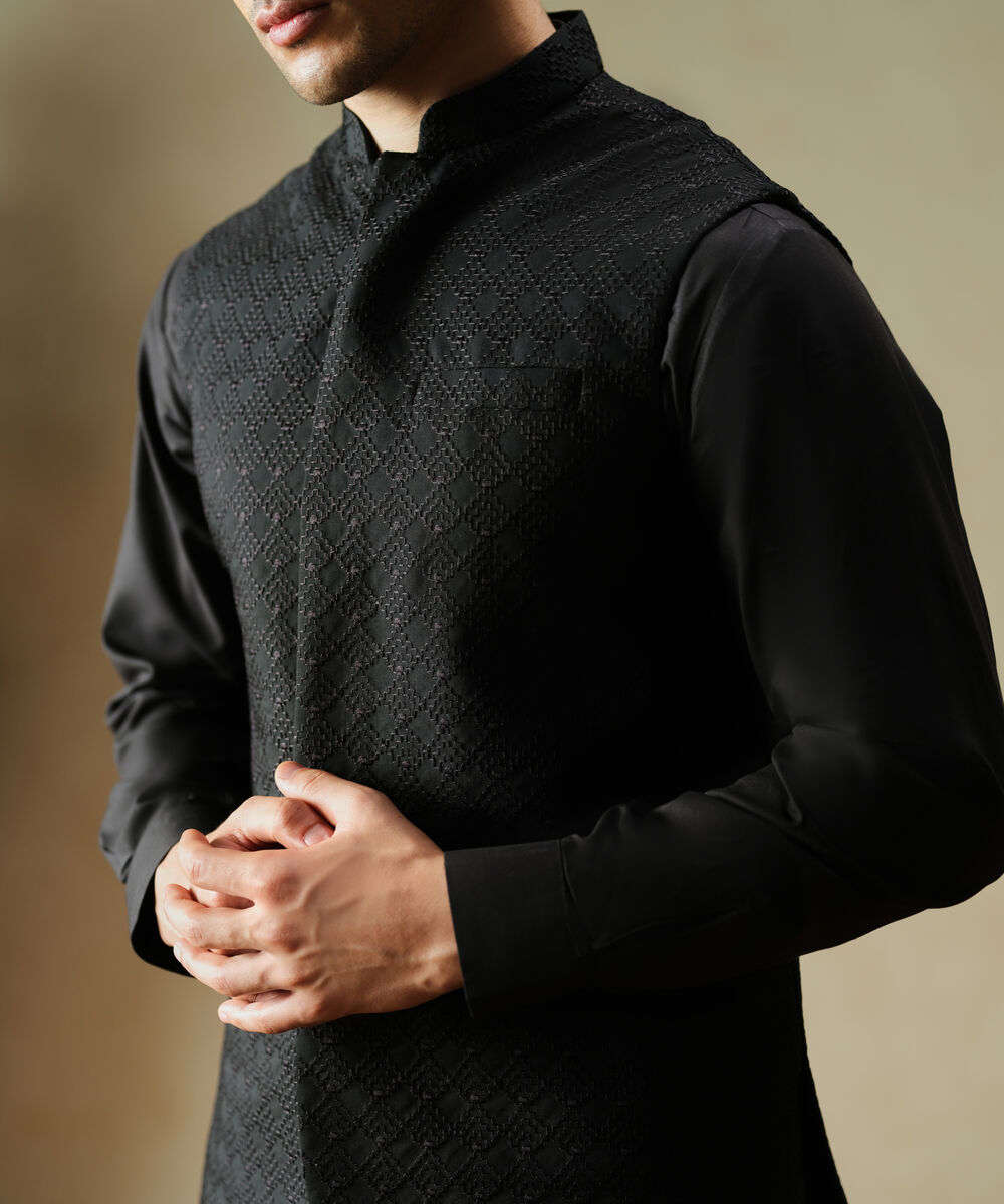 Men's Textured Wash & Wear Embroidered Black Waist Coat