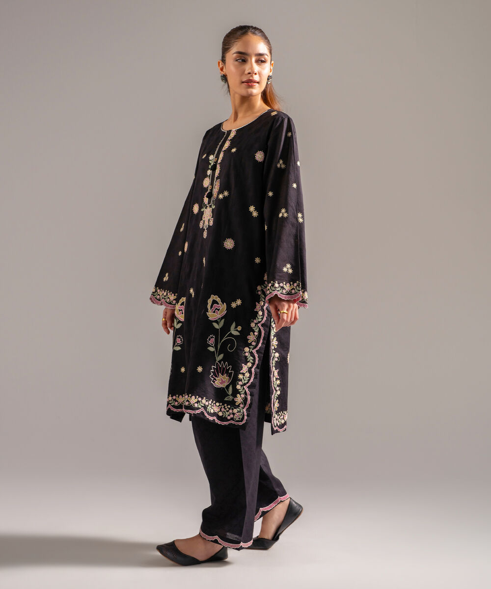 Women's RTW Self Jacquard Embroidered Black 2 Piece Suit