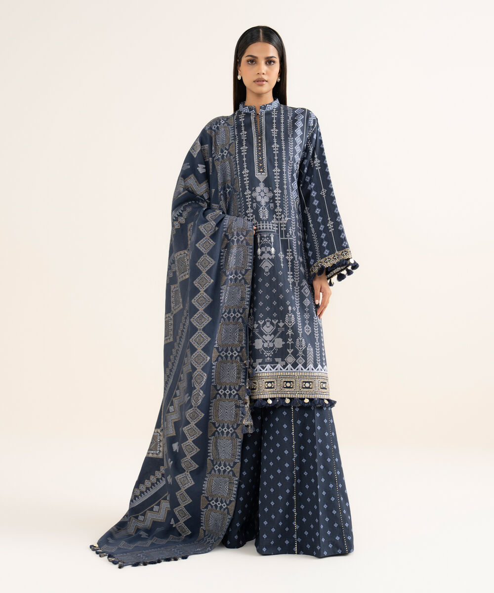 Women's Unstitched Fine Cotton Satin Embroidered Blue  3 Piece Suit