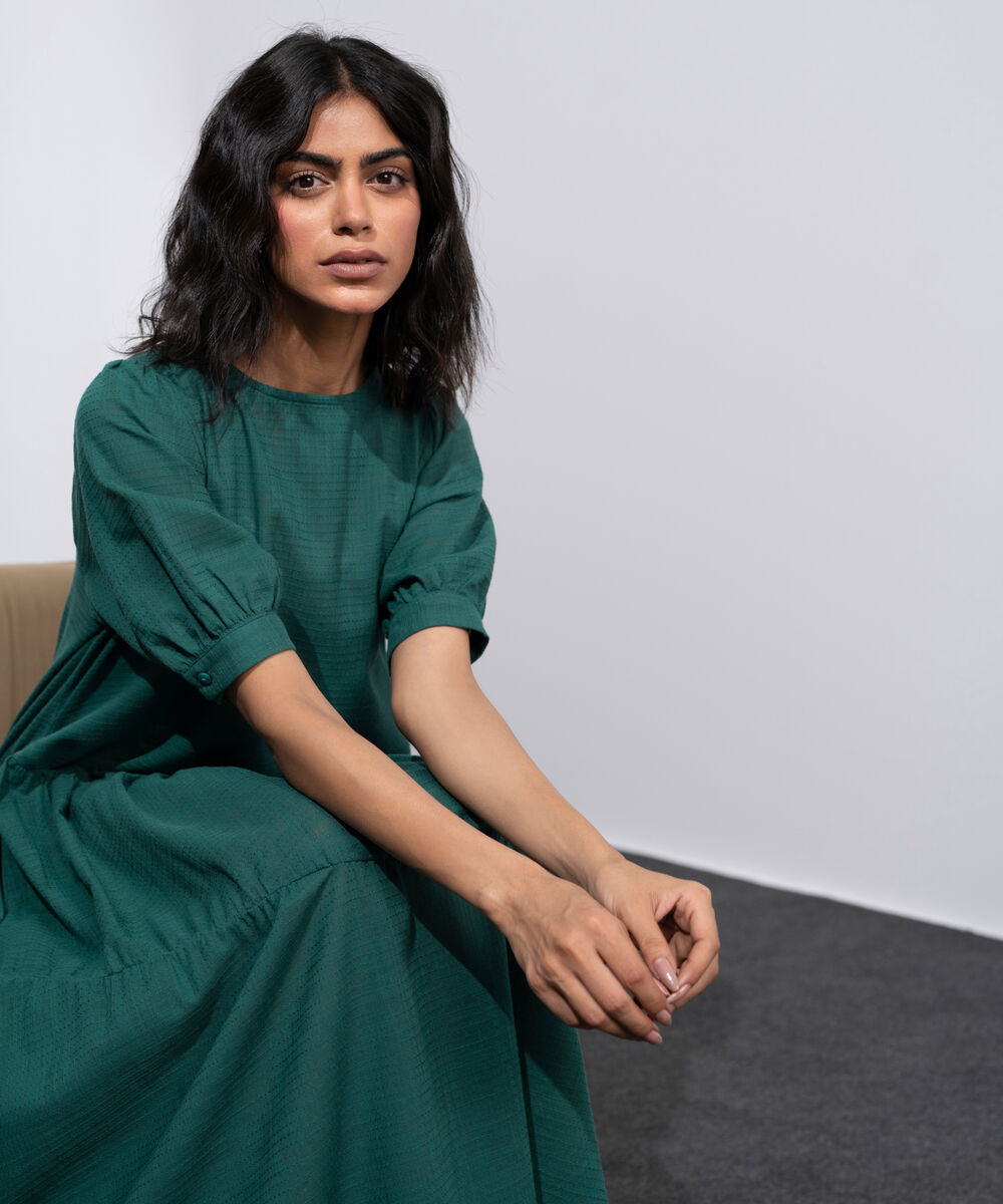 Women's Green Asymmetrical Panels Midi Dress