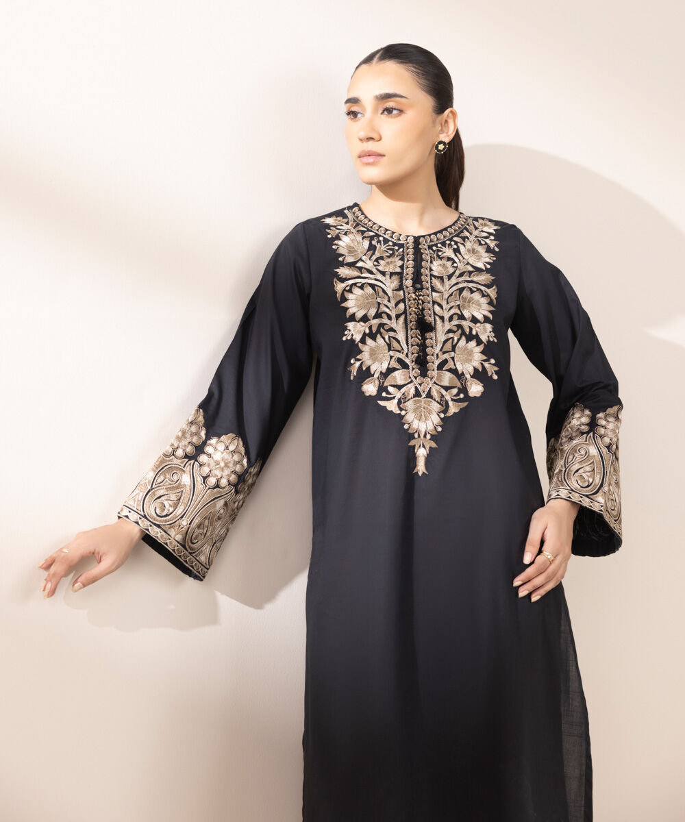 Women's RTW Textured Lawn Black Embroidered A-Line Shirt
