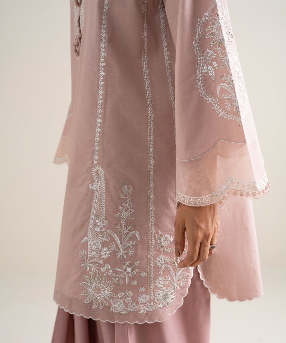 Women's Unstitched Slub Lawn Embroidered Pink 3 Piece Suit