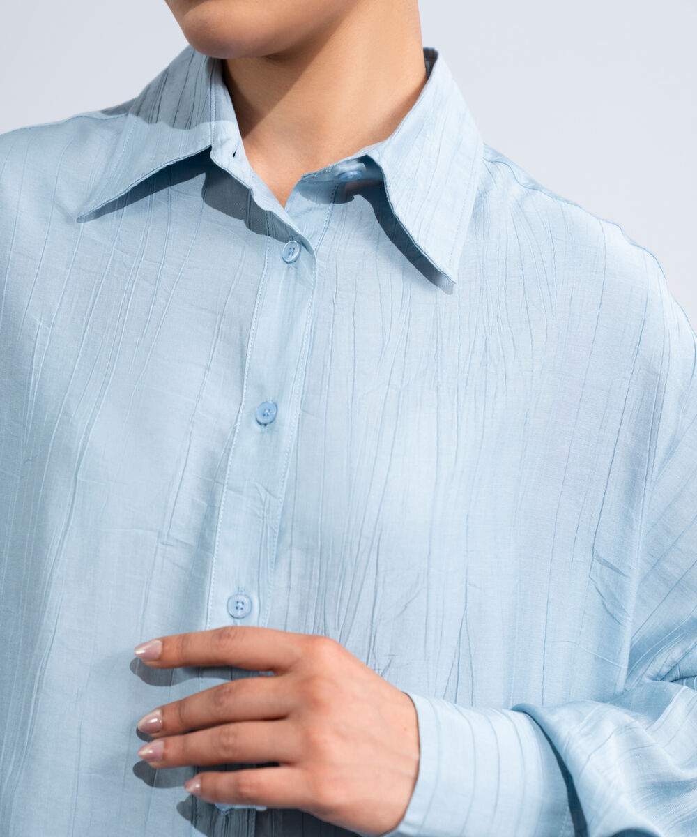 Women's Western Light Blue Oversized Textured Shirt