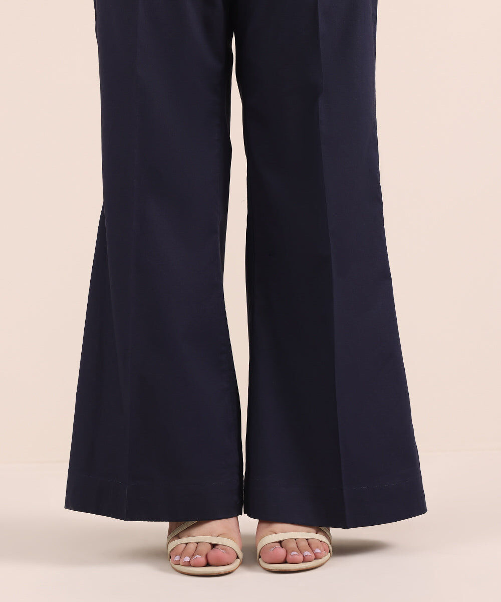 Woman - Blue Solid Cambric Flared Pants