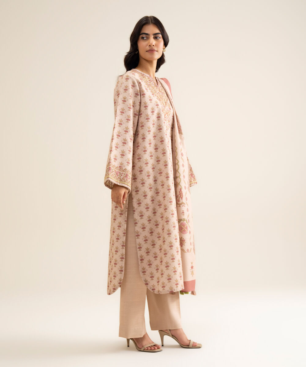 Women's Unstitched Premium Khaddar Embroidered Beige 3 Piece Suit