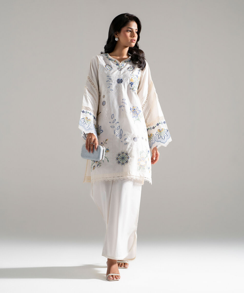 Women's RTW Lawn Embroidered Off White 2 Piece Suit