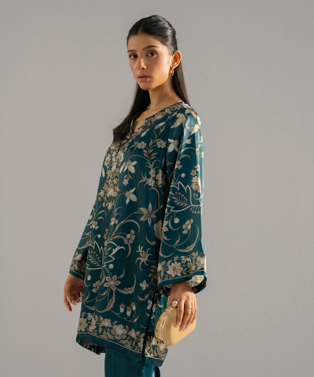 Women's RTW Blended Satin Printed Teal 2 Piece Suit