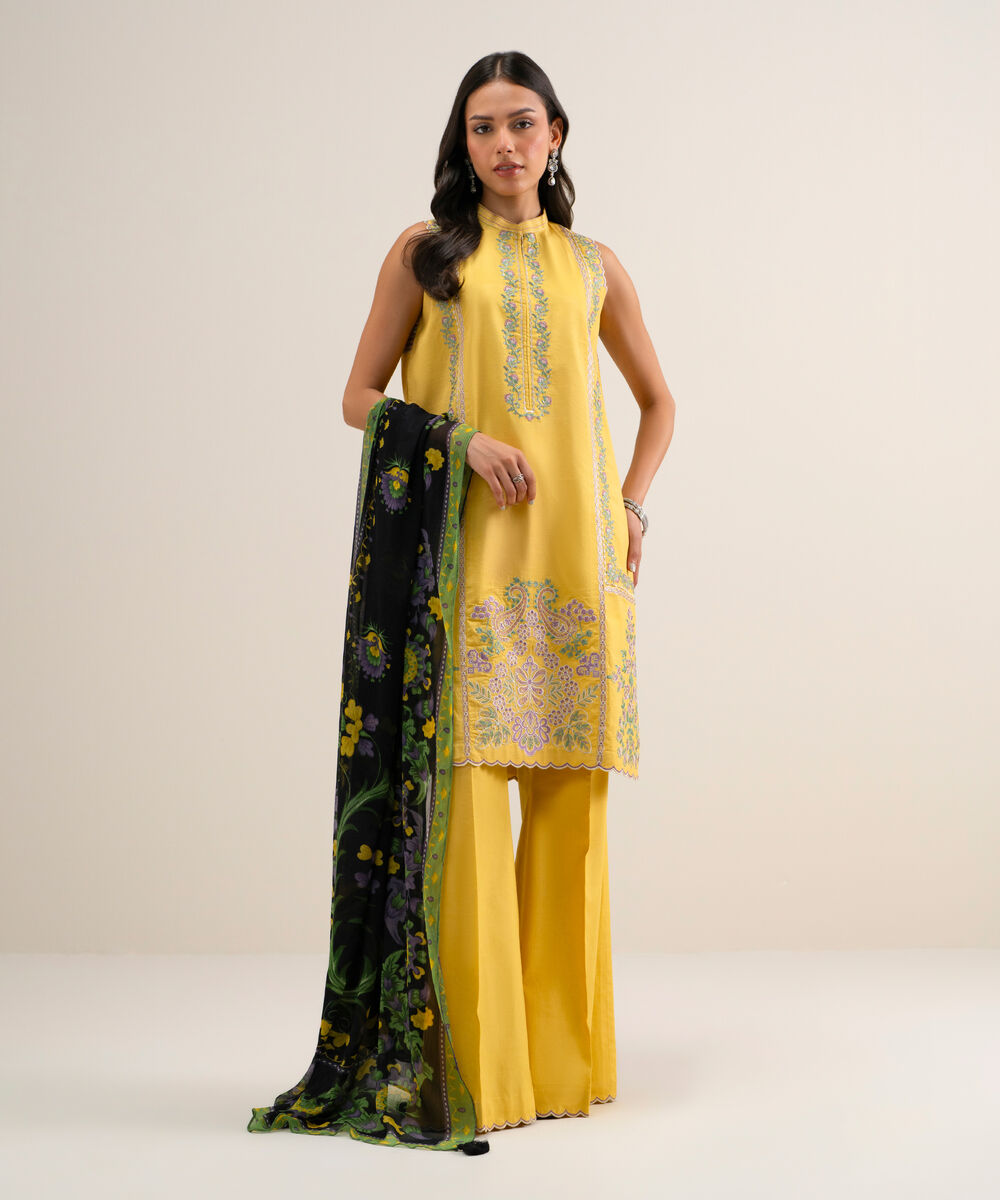 Women's Unstitched Embroidered Textured Lawn Light Yellow 3 Piece Suit