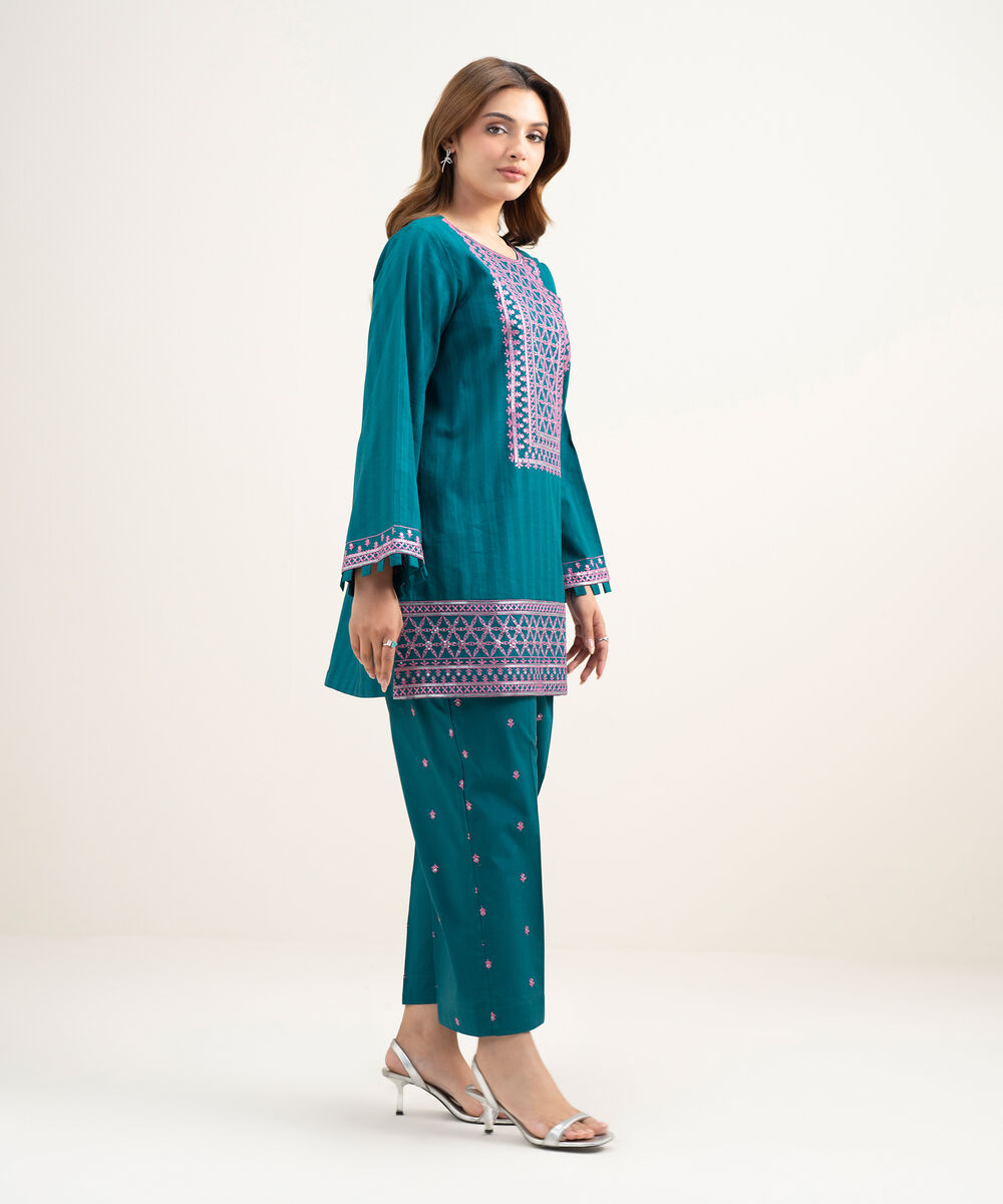 Women's RTW Dobby Embroidered Teal 2 Piece Suit