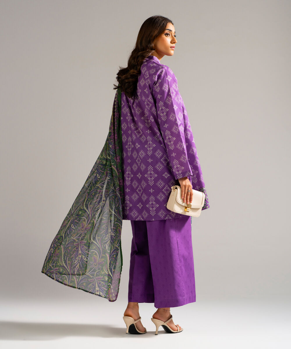 Women's RTW Self Jacquard Embroidered Purple 3 Piece Suit