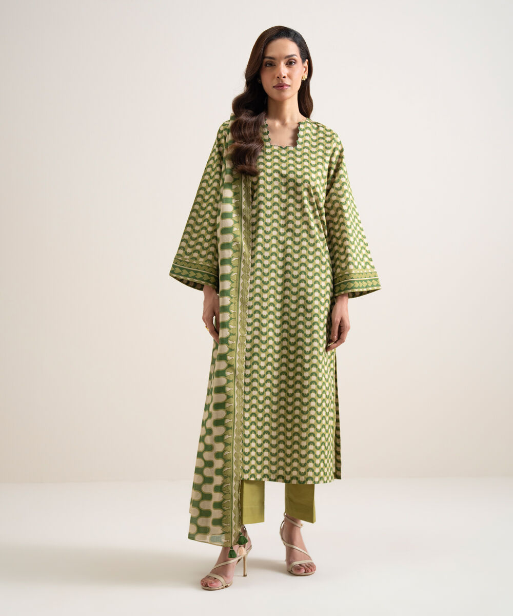 Women's Unstitched Lawn Printed Green 3 Piece Suit