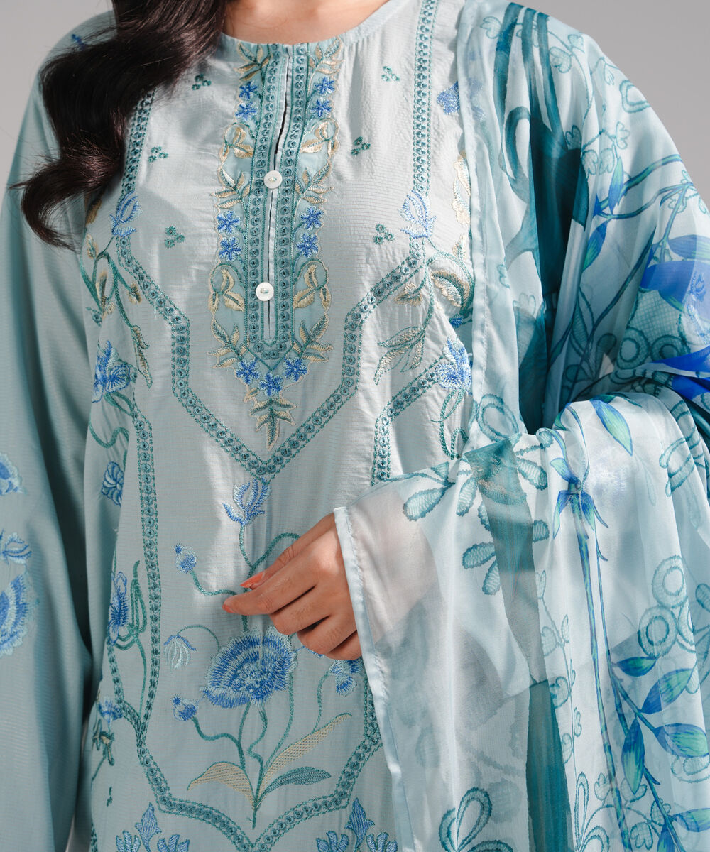 Women's RTW Zari Lawn Embroidered Light Blue 3 Piece Suit