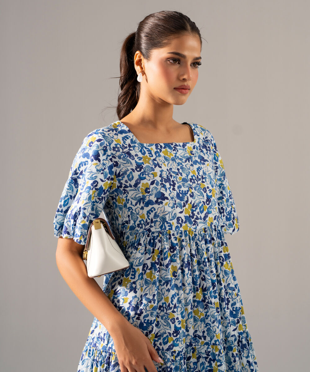 Women's RTW Cotton Viscose Printed Blue Dress