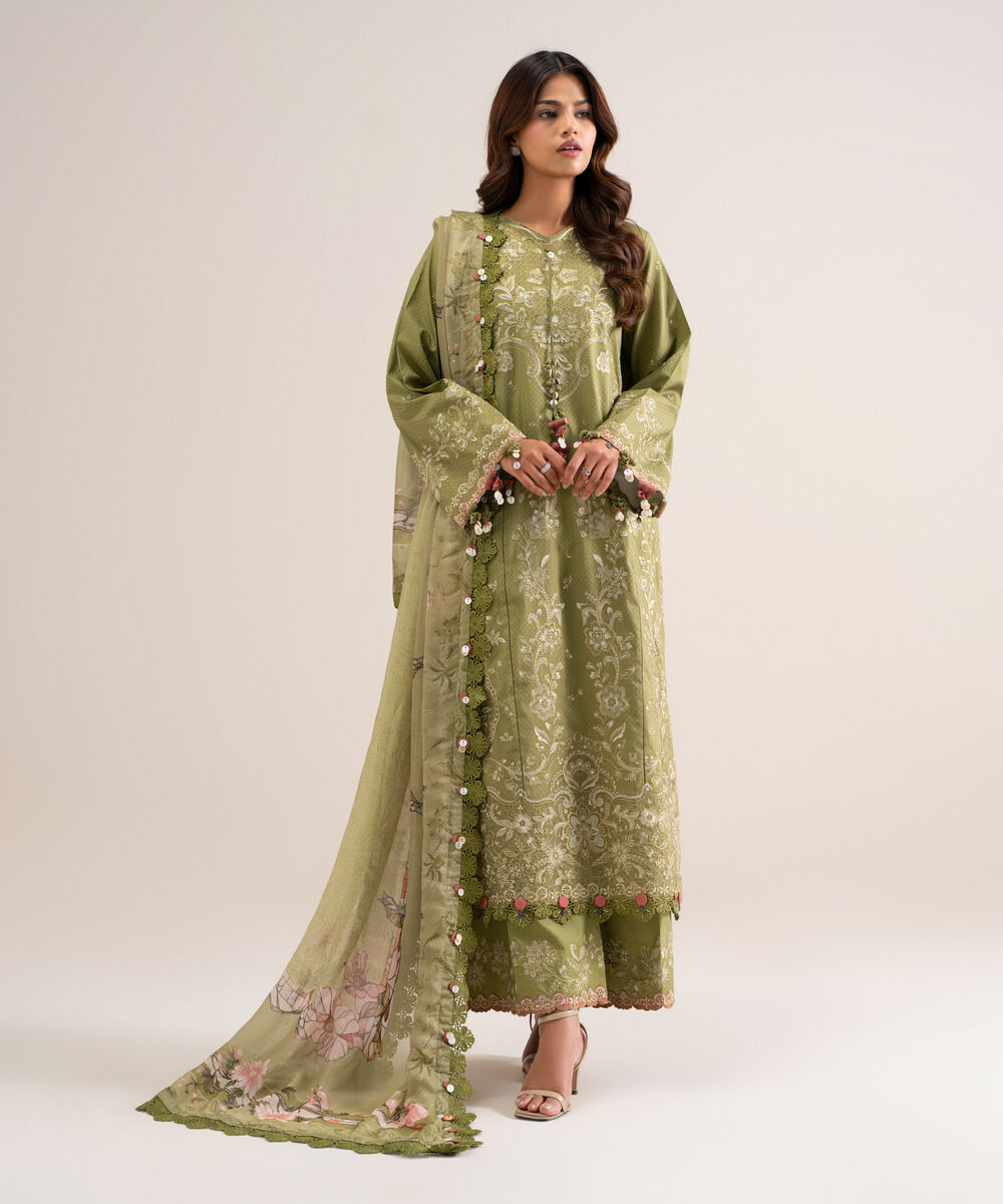 Women's Unstitched Embroidered Dobby Green 3 Piece Suit