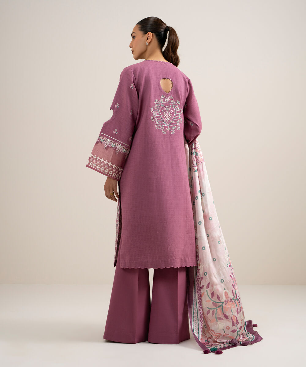 Women's Unstitched Dobby Embroidered Pink 3 Piece Suit