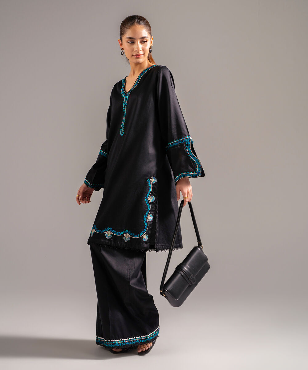 Women's RTW Cotton Satin Embroidered Black 2 Piece Suit