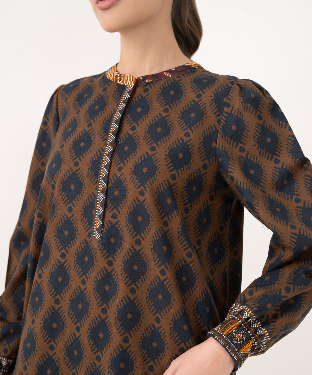 Women's RTW Light Khaddar Printed Brown A-Line Shirt
