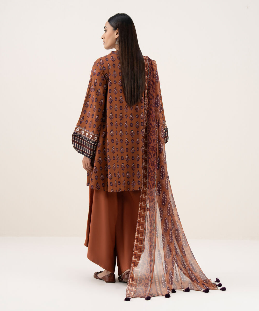 Women's Unstitched Light Linen Printed Brown 3 Piece Suit