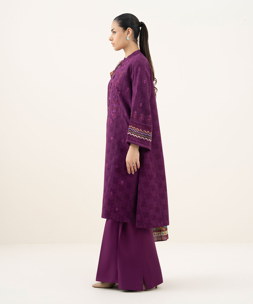Women's Unstitched Embroidered Cotton Jacquard Purple 3 Piece Suit