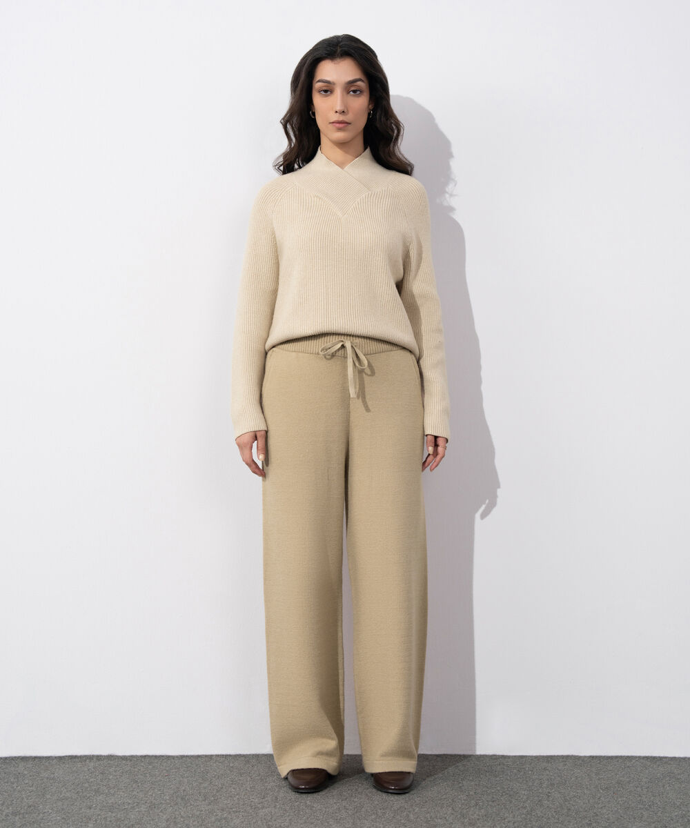 Women's Western Wear Beige Pull On Long Knit Trouser