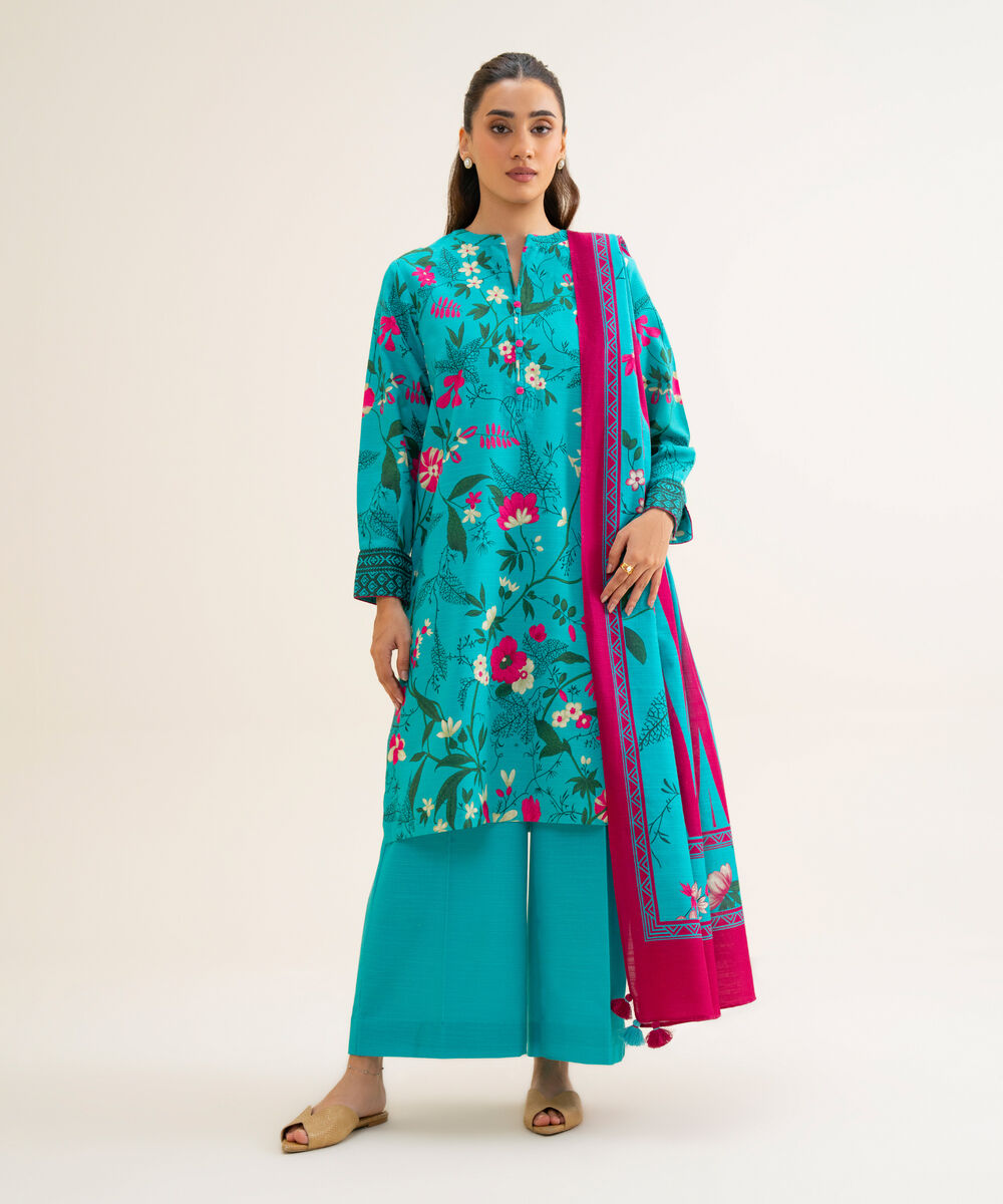 Women's Unstitched Premium Khaddar Printed Turquoise 3 Piece Suit