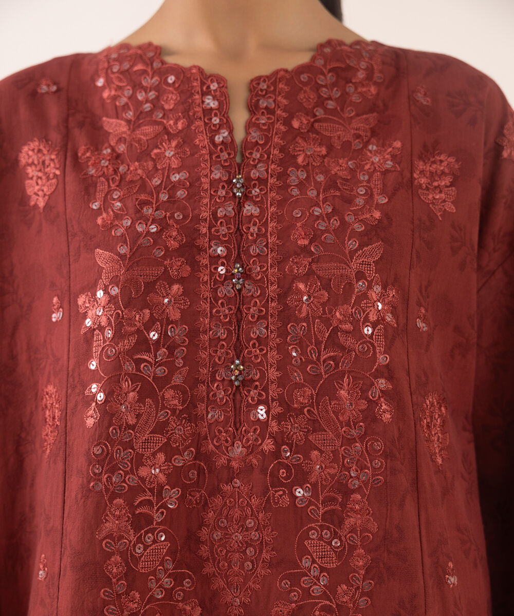 Women's Unstitched Jacquard Embroidered Maroon Three Piece Suit