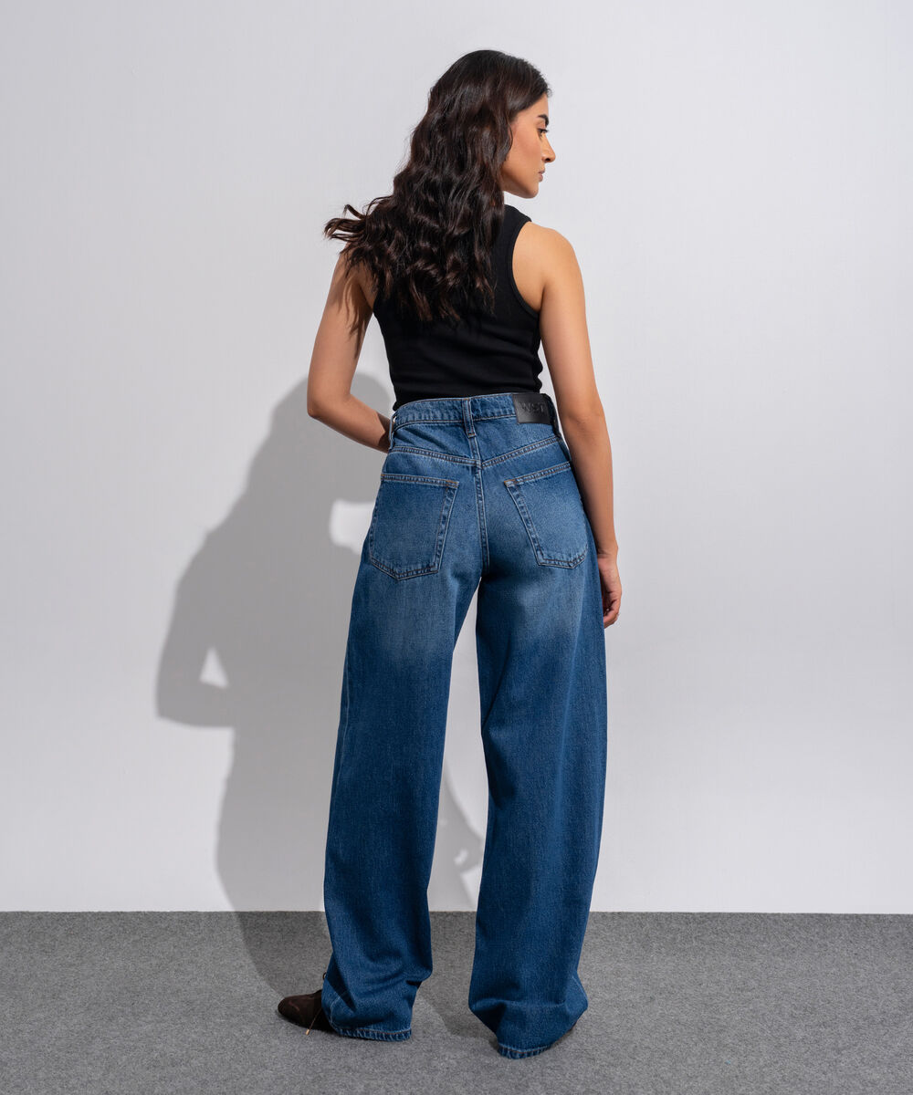 Women's Western Wear Denim Baggy Fit Indigo Blue - Dark Worn Jeans