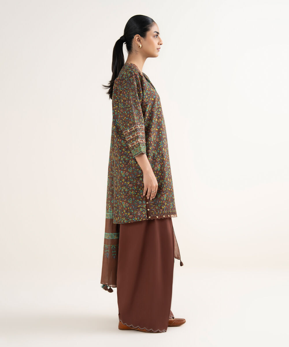 Women's Unstitched Lawn Printed Brown 3 Piece Suit