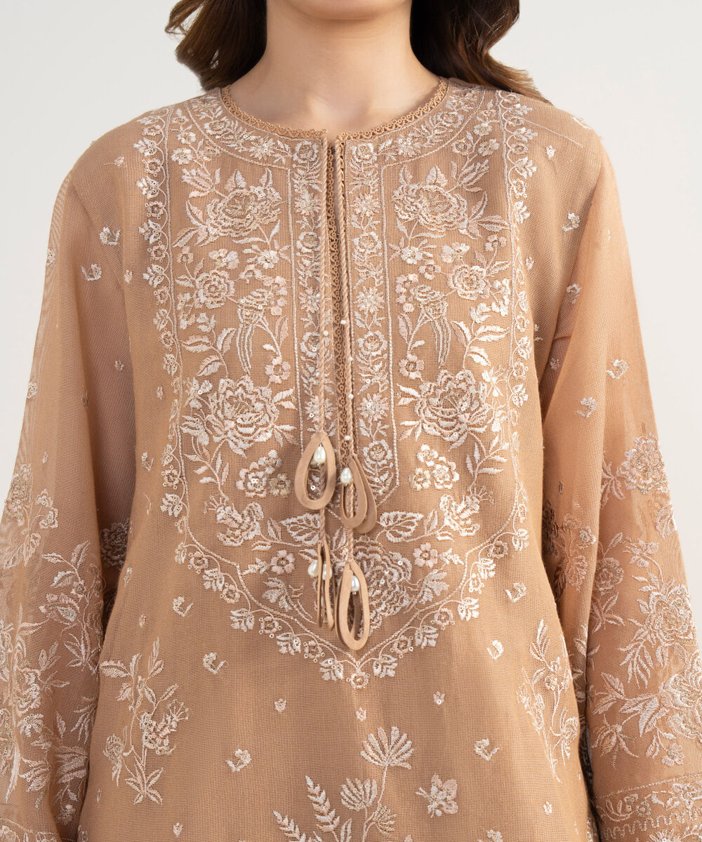 Women's Unstitched Blended Viscose Khaddi Net Embroidered Beige 3 Piece Suit