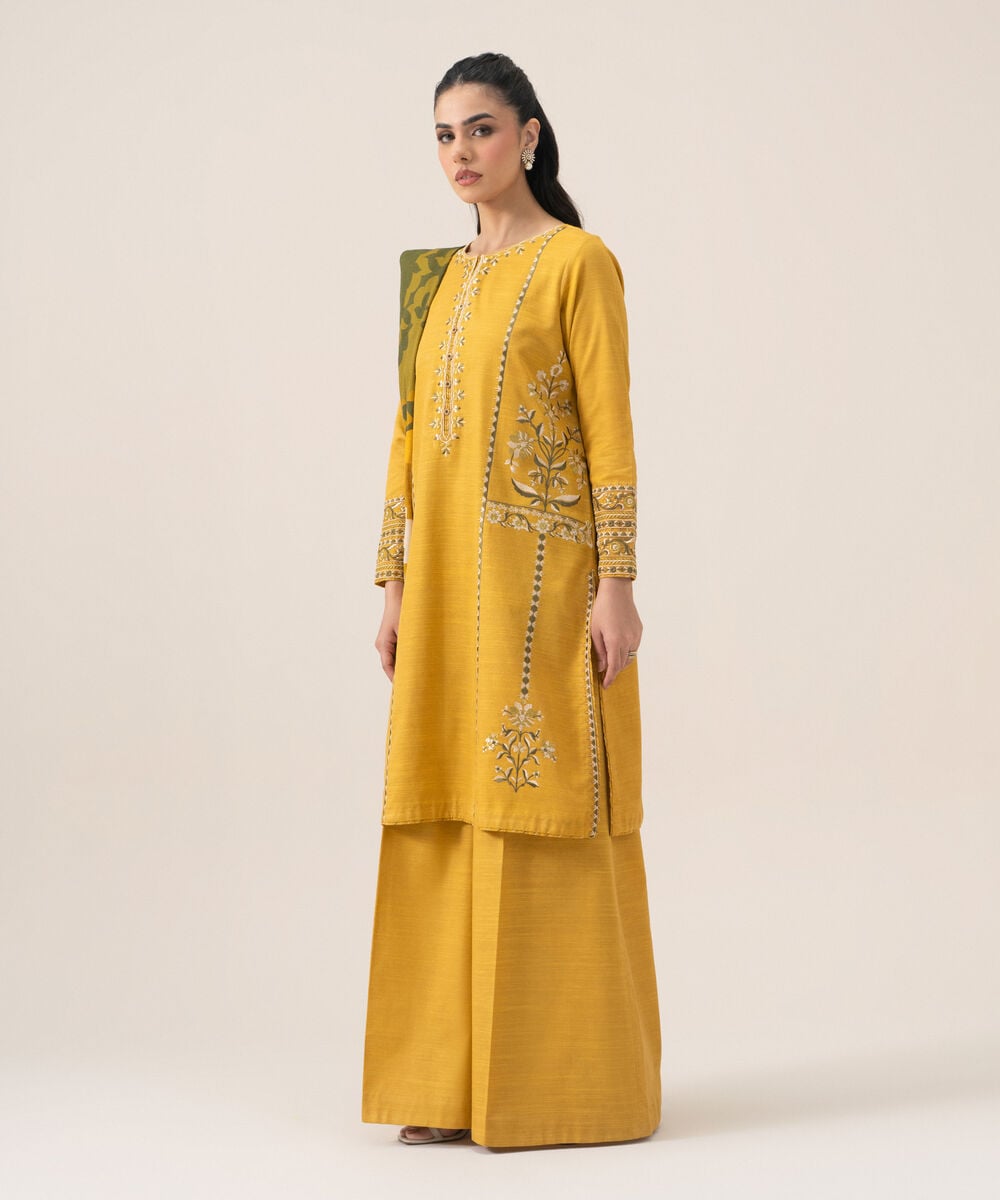 Women's Unstitched Lawn Embroidered Yellow 3 Piece Suit
