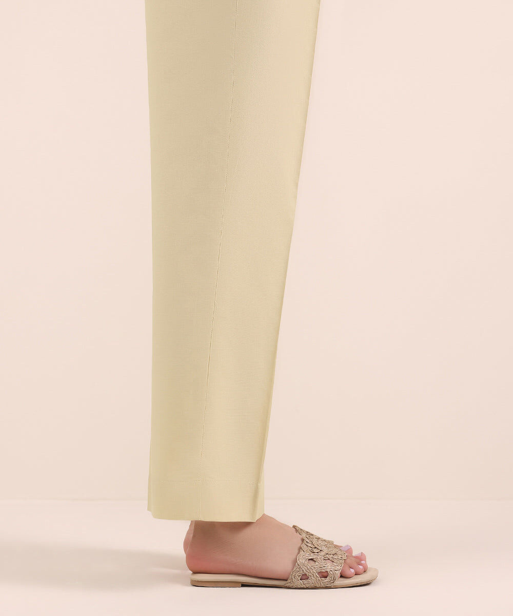 Woman - Beige Solid Cambric Straight Pants