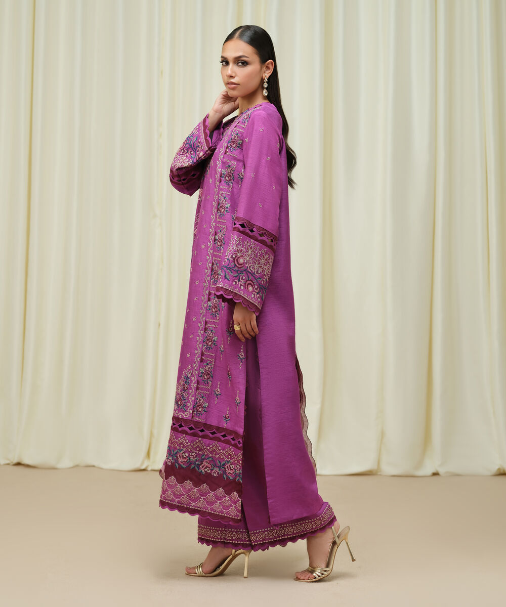 Women's Unstitched Raw Silk Embroidered Purple 3 Piece Suit