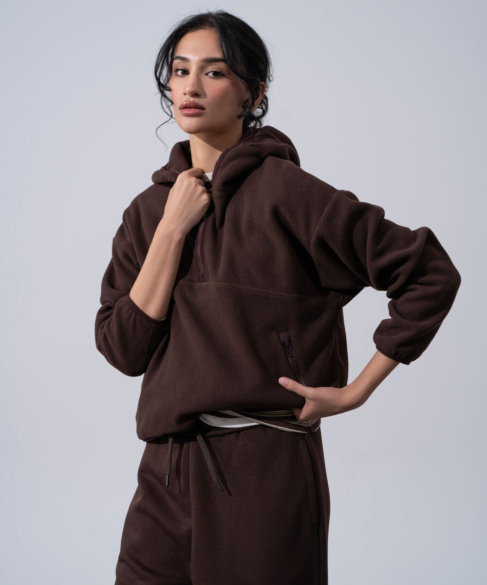 Women's Western Wear Brown Polyester Quarter-Zip Fleece Hoodie