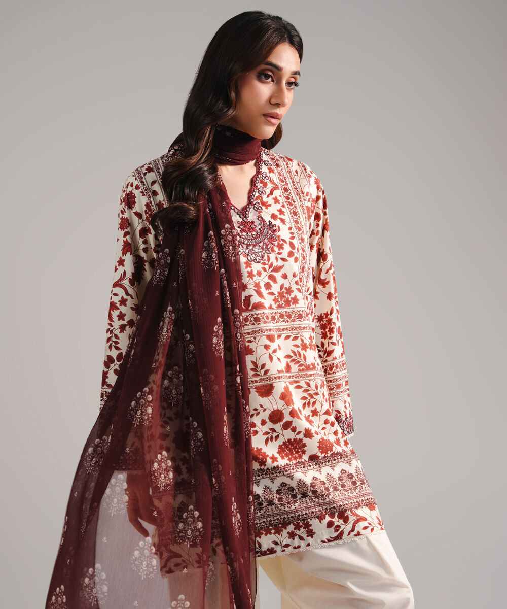 Women's RTW Cambric Embroidered Off White 3 Piece Suit