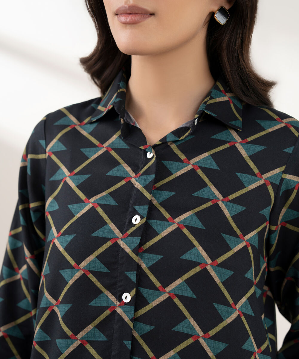 Women's RTW Viscose Linen Printed Straight Blue Shirt