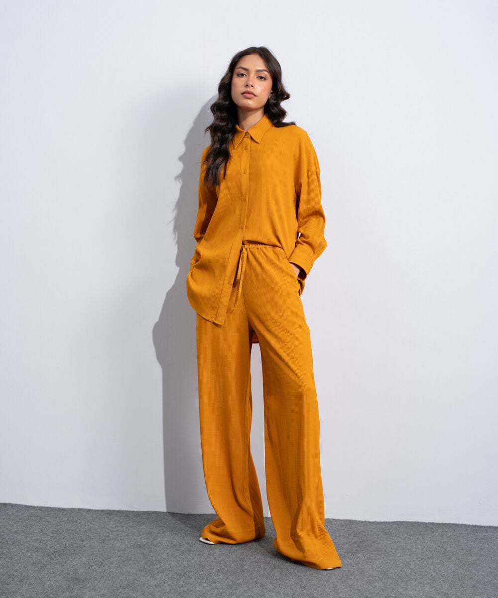 Women's Western Orange Wide-Leg Seersucker Trousers